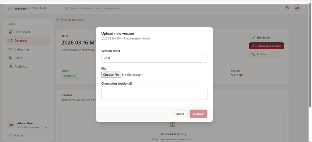 Admin · Upload with versioning